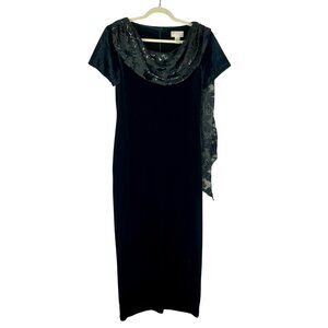 Vintage 90s Y2K Studio C Velvet Maxi Dress Women 8 Black Dramatic Scarf Event